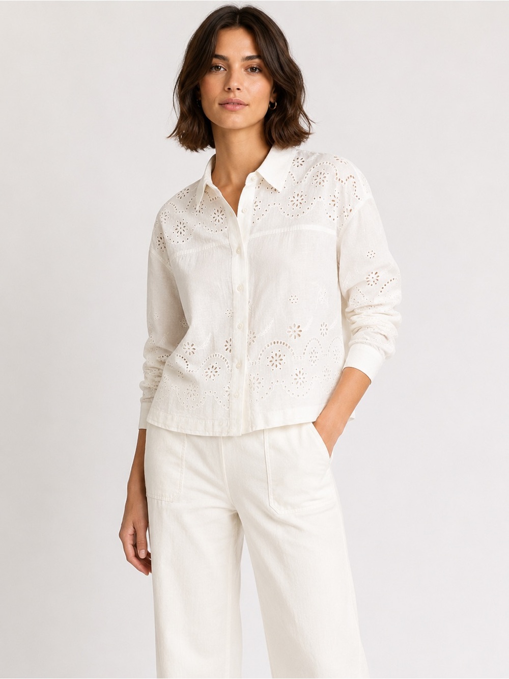 Treasure & Bond Eyelet Linen Blend Button Front Shirt White M Nordstrom